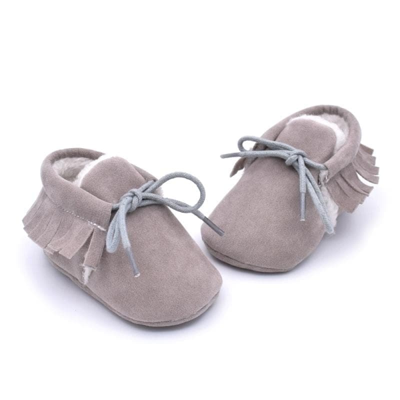 Baby Moccasins Shoes Fringe Soft Soled Non-slip Footwear Crib Shoes PU Suede Leather First Walker Shoes (Grey)