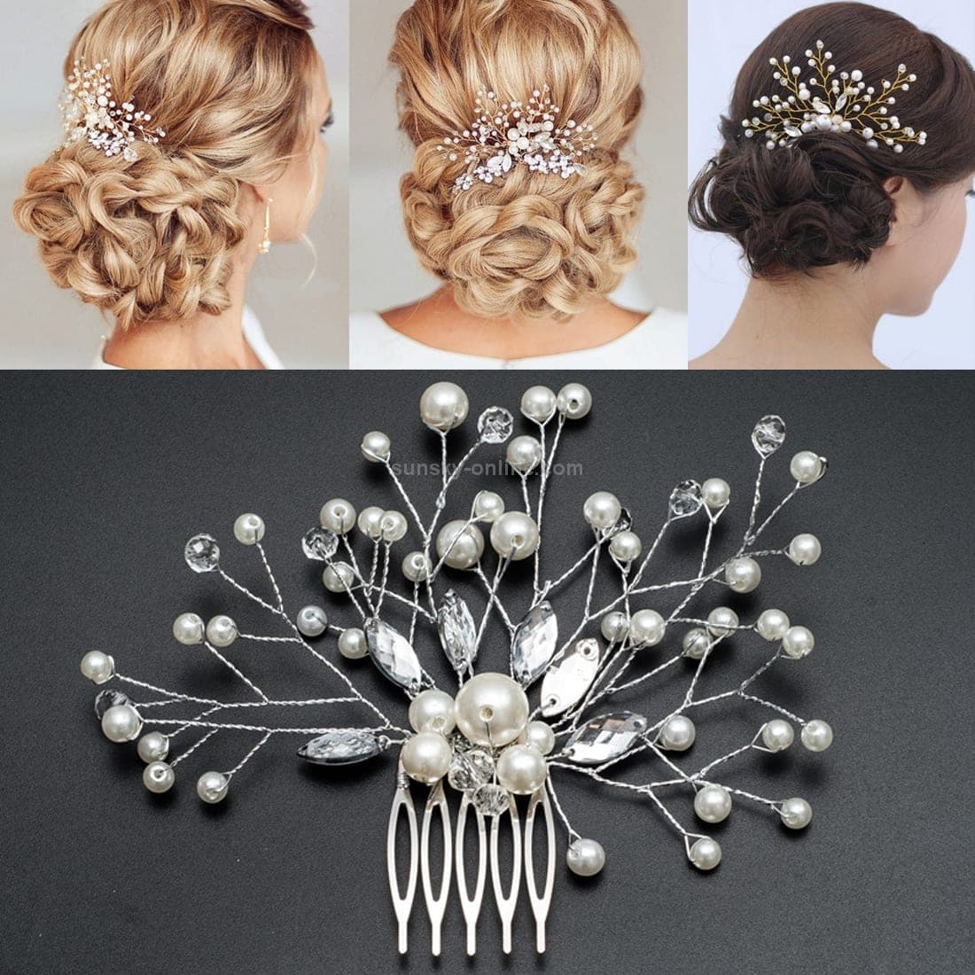 Pearl Women Hair Combs Wedding Hair Accessories Hair Pin Rhinestone Tiara Bridal Clip Crystal Crown Bride Hair Jewelry (Silver)