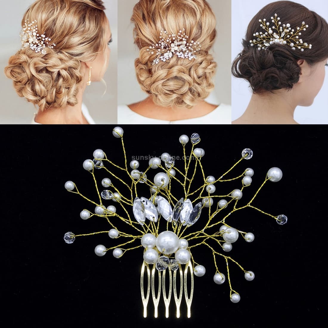 Pearl Women Hair Combs Wedding Hair Accessories Hair Pin Rhinestone Tiara Bridal Clip Crystal Crown Bride Hair Jewelry (Gold)