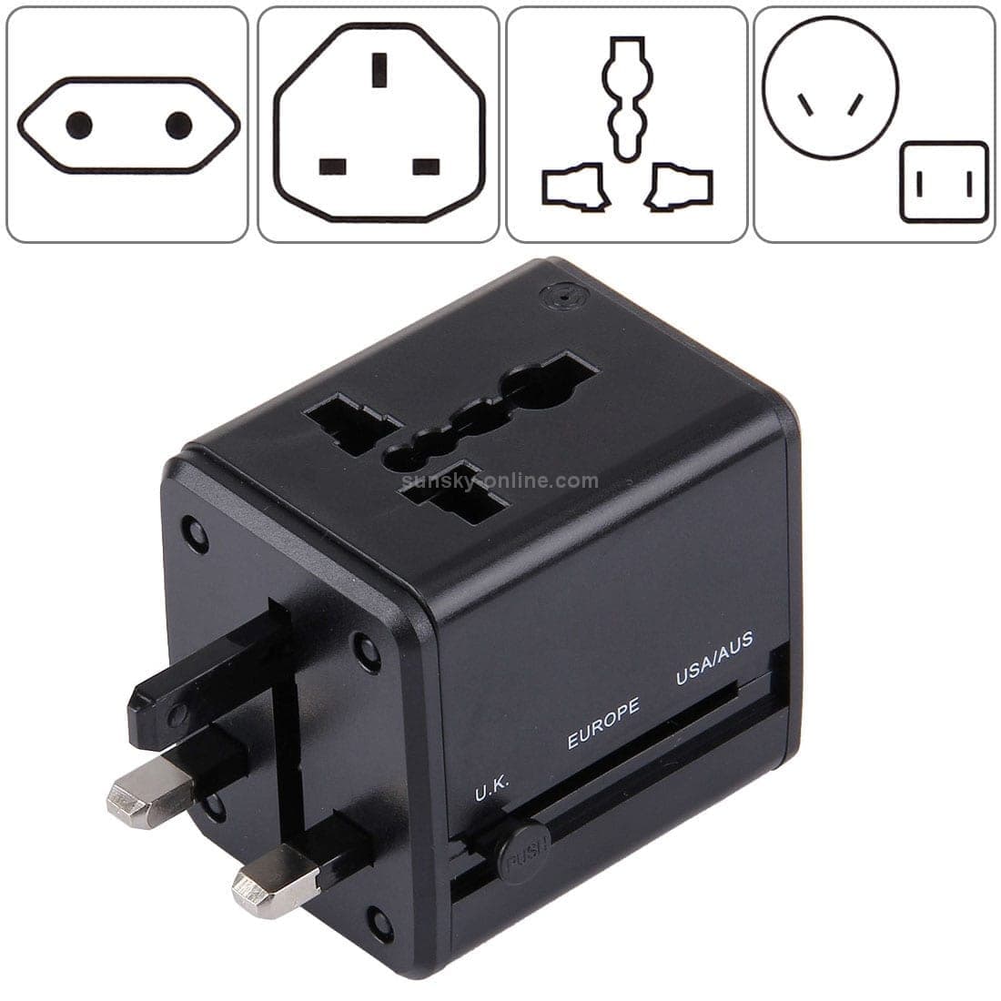 World-Wide Universal Travel Concealable Plugs Adapter with & Built-in Dual USB Ports Charger for US, UK, AU, EU (Black)
