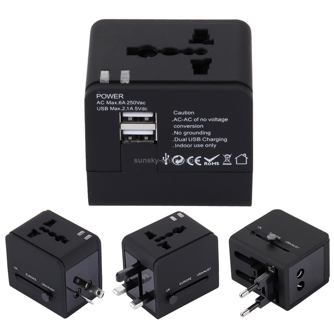 5V 2.1A Dual USB Power Socket Charger Adapter, UK / EU / US / AU Plug (Black)