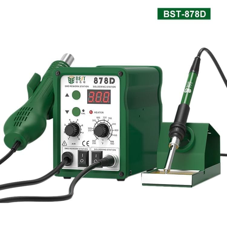 BEST BST-878D 2 in 1 Adjustable Temperature Hot Air Gun with Electric Soldering Iron Rework Station, UK Plug (Green)