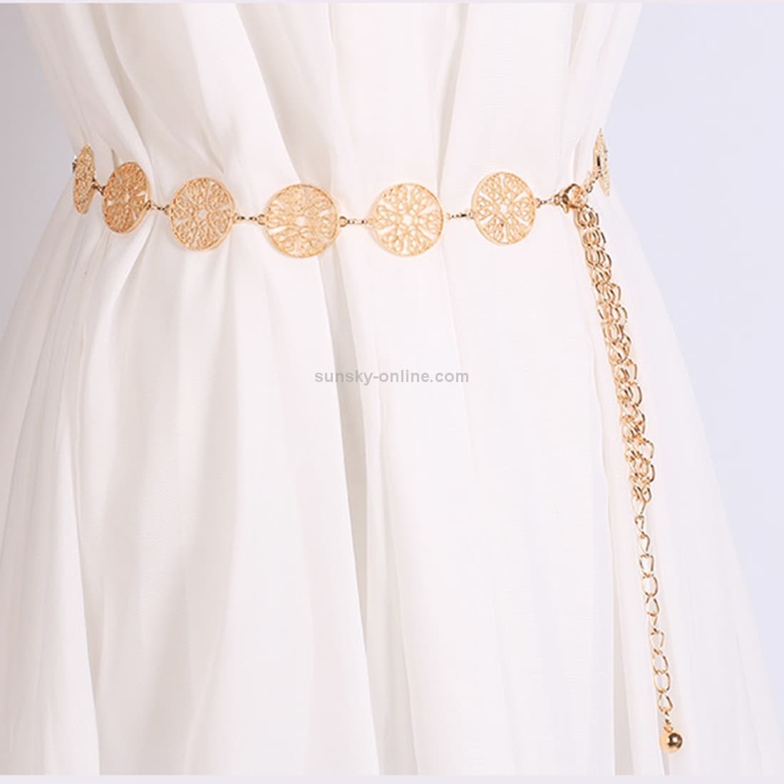 Women Metal Waist Chain Openwork Circle Decoration Waist-chain Lady Dress Belt, Length: 105cm (Gold)